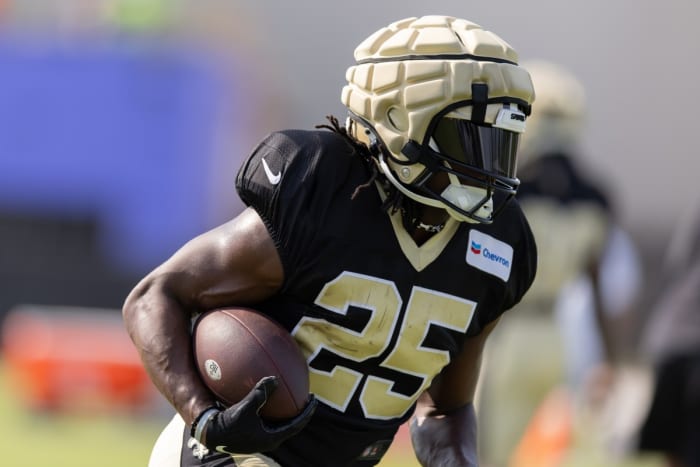 New Orleans Saints running back Kendre Miller (25) at Ochsner Sports Performance Center. Mandatory Credit: Stephen Lew-USA TODAY Sports